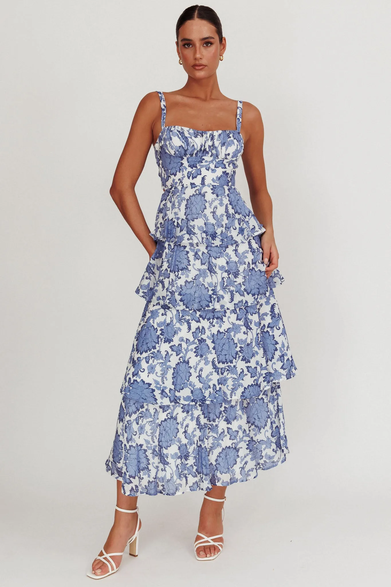 Provence Bloom Tiered Maxi Dress Floral Blue