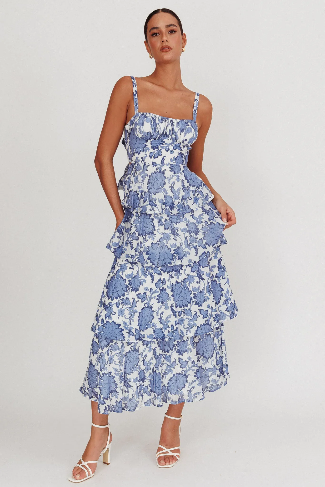 Provence Bloom Tiered Maxi Dress Floral Blue