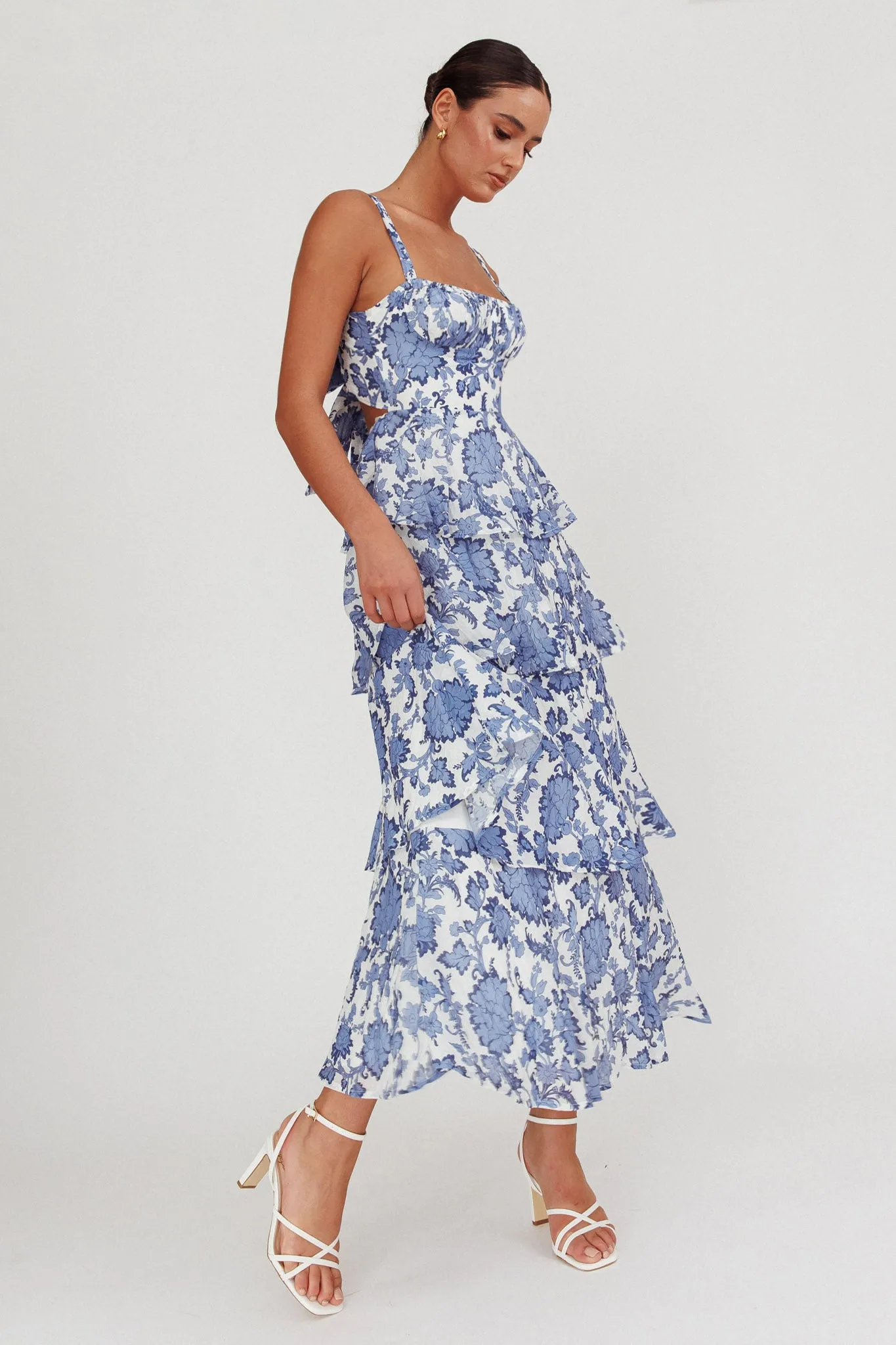 Provence Bloom Tiered Maxi Dress Floral Blue