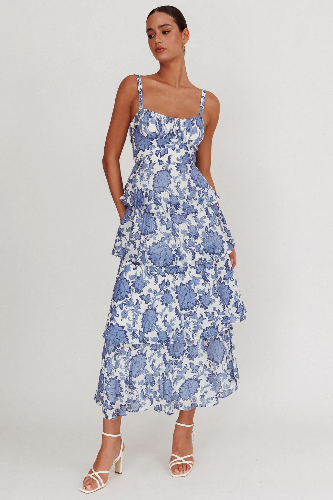 Provence Bloom Tiered Maxi Dress Floral Blue