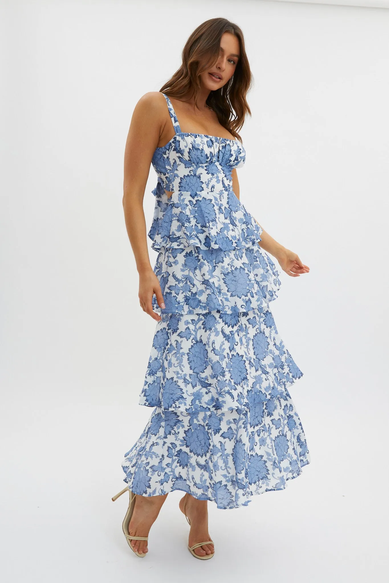 Provence Bloom Tiered Maxi Dress Floral Blue