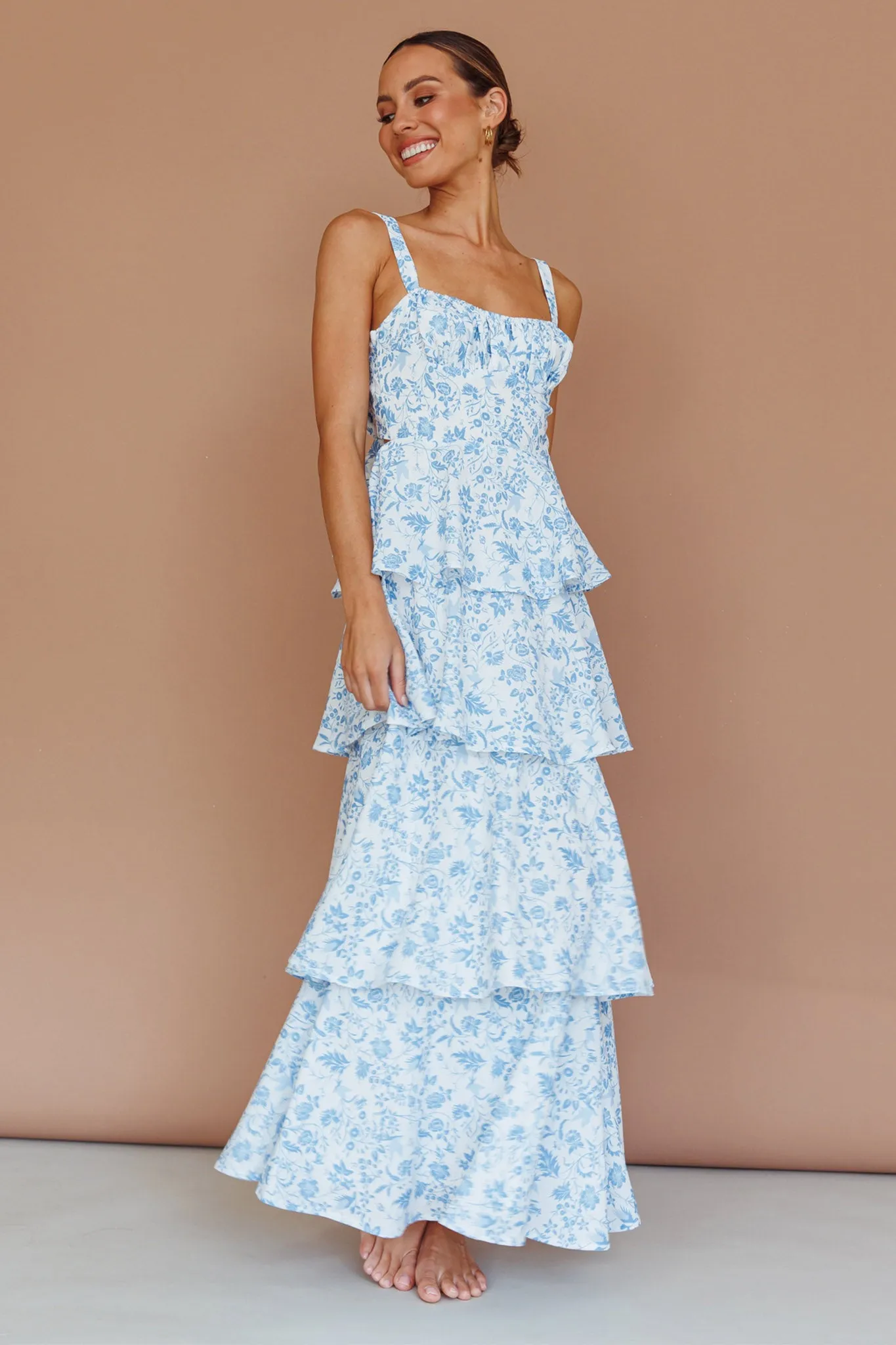 Provence Bloom Tiered Midi Dress Floral Blue