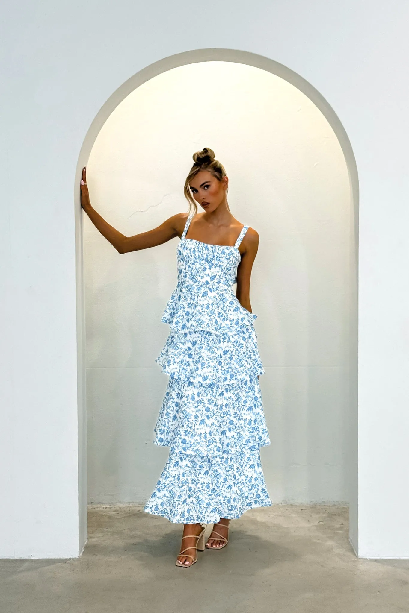 Provence Bloom Tiered Midi Dress Floral Blue