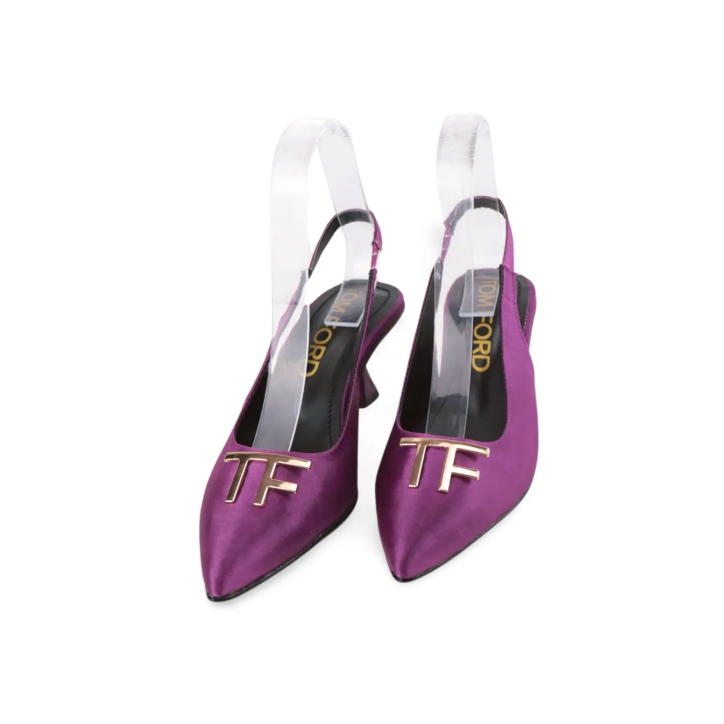 Purple and Green Satin Slingback Heels with Gold T-Logo Buckle