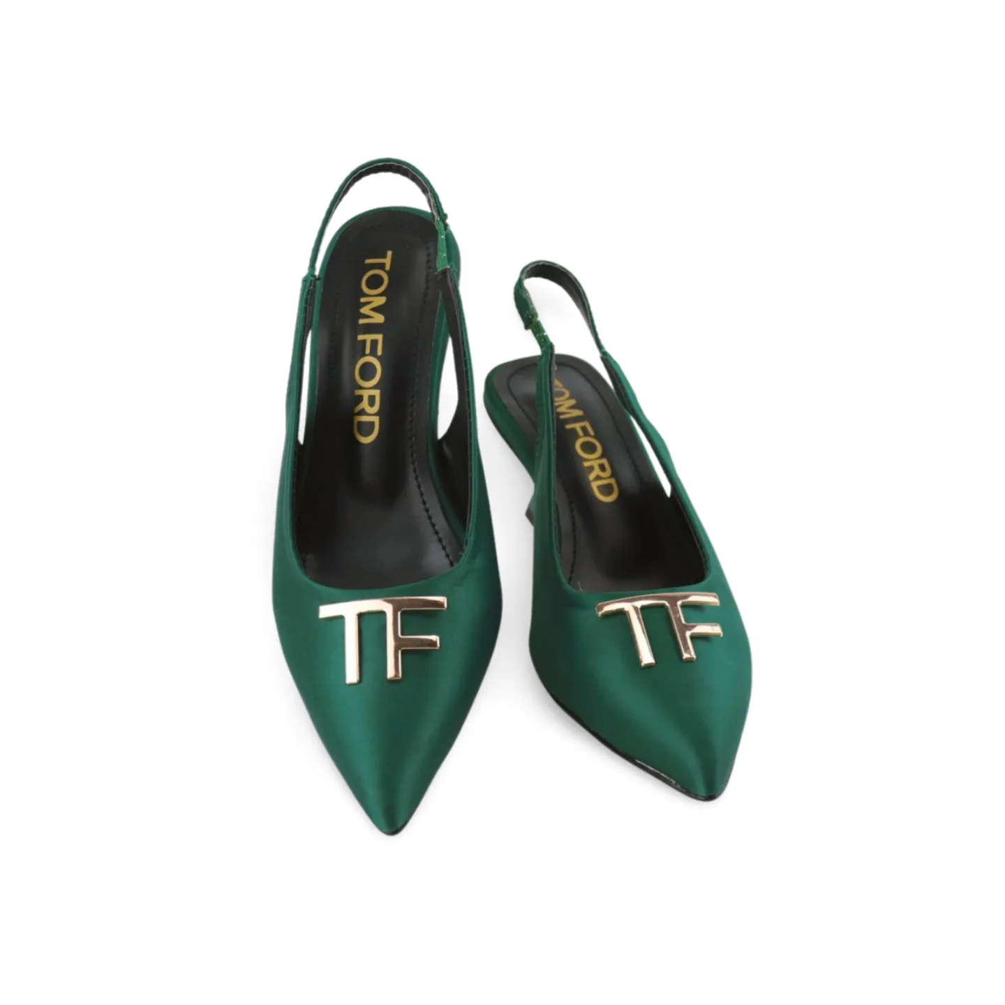 Purple and Green Satin Slingback Heels with Gold T-Logo Buckle