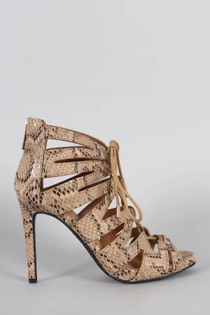 Python Strappy Lace Up Peep Toe Stiletto Heel