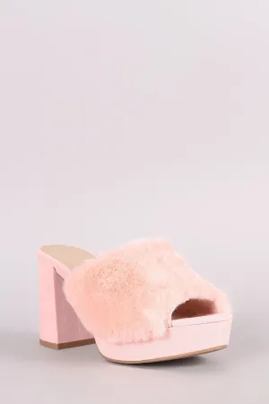 Qupid Fluffy Fur Trim Chunky Mule Heel