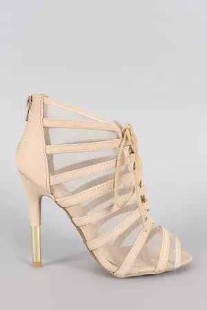 Qupid Mesh Lace Up Peep Toe Stiletto Heel