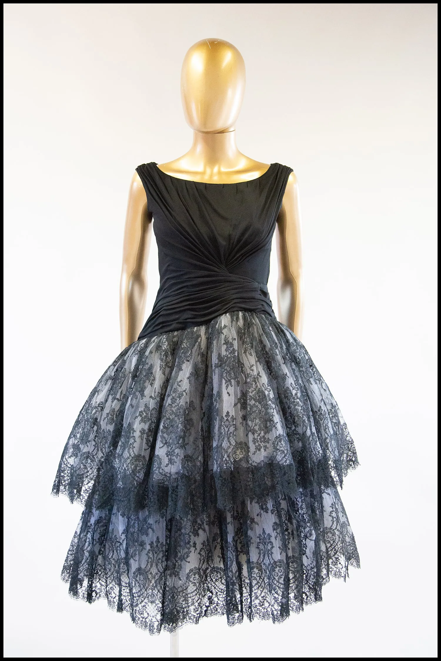 RESERVED Vintage 1950s Black Chantilly Lace Couture Cocktail Dress