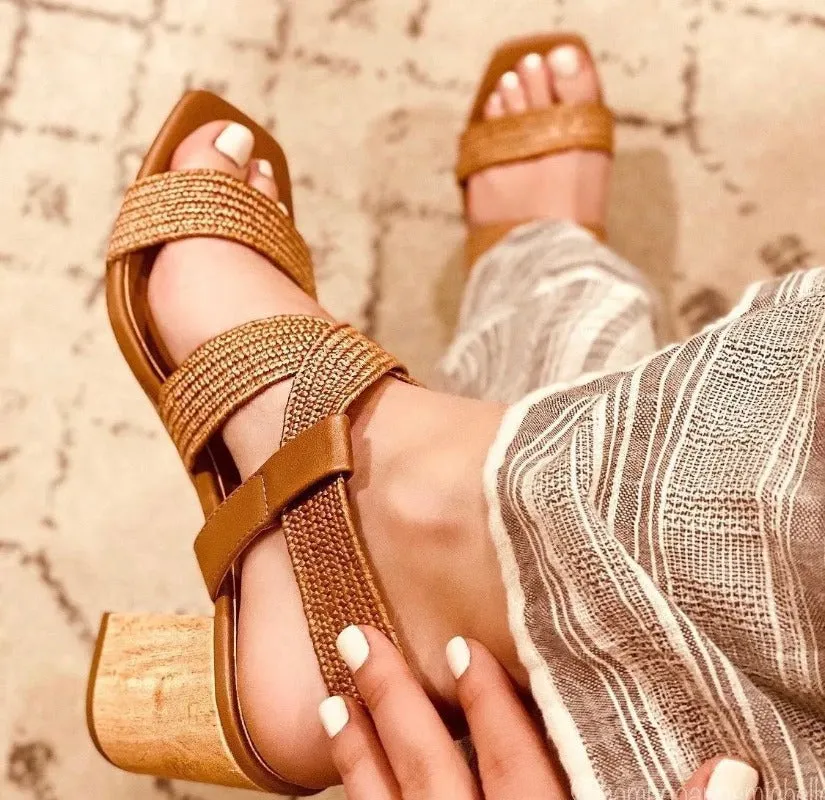 Resort Rattan Strappy Low Block Heel