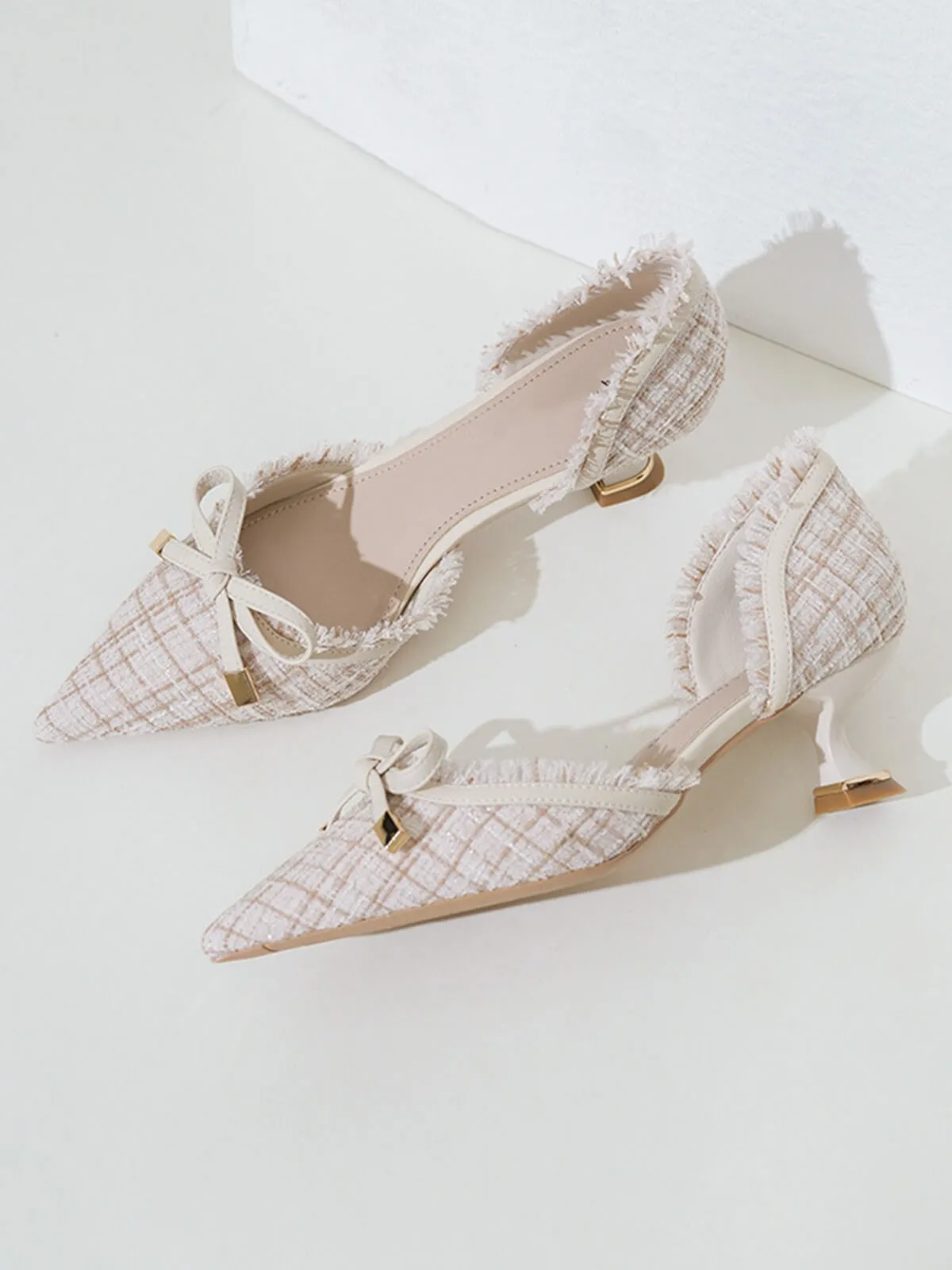 Retro Tweed Bow Kitten Pointed Heels