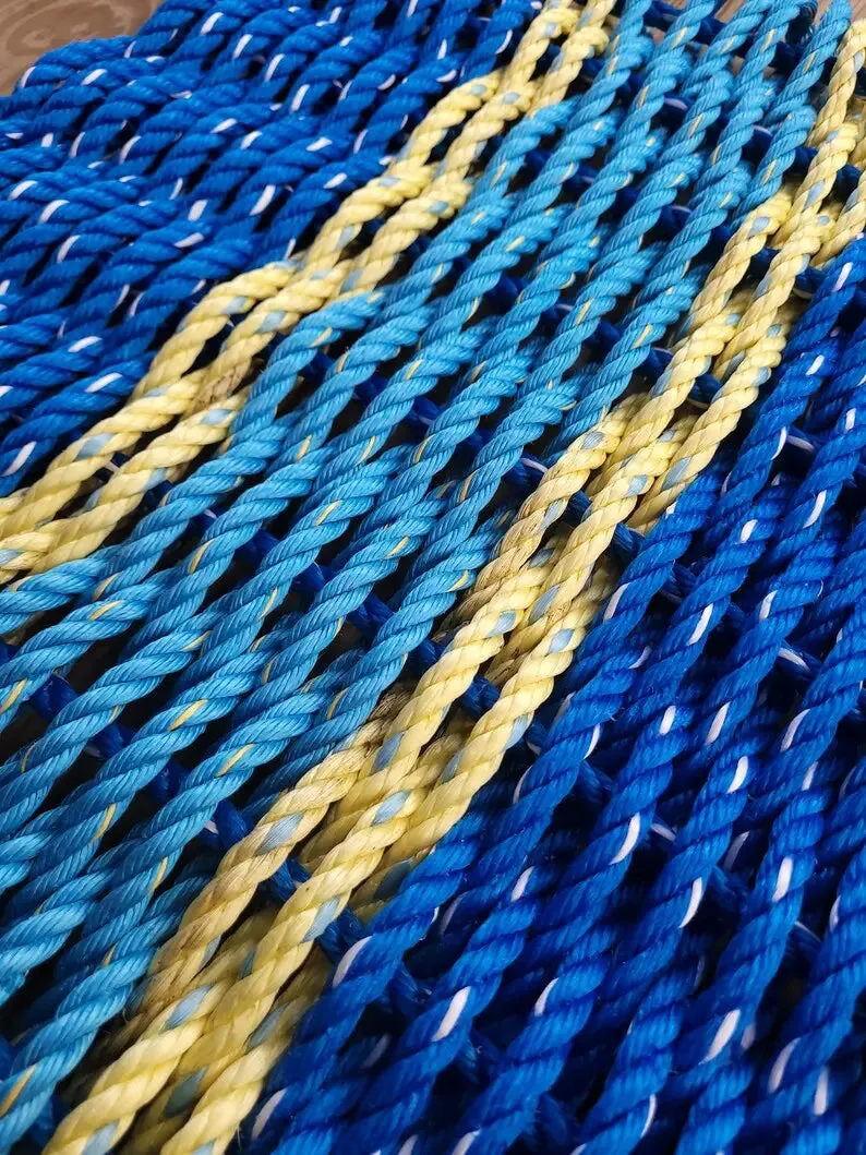 Rope Mat made with Lobster Rope, Two Tone Blue, Yellow accent