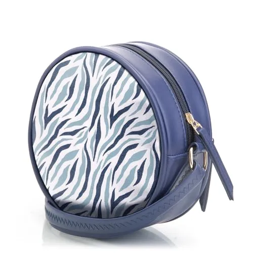 SACCI MUCCI Round Sling Bag, Printed Sling Bag For Girls, Women Sling Bag, Crossbody Bag For Women,Girls, Gift for her - Wave Botanical (Navy Blue)