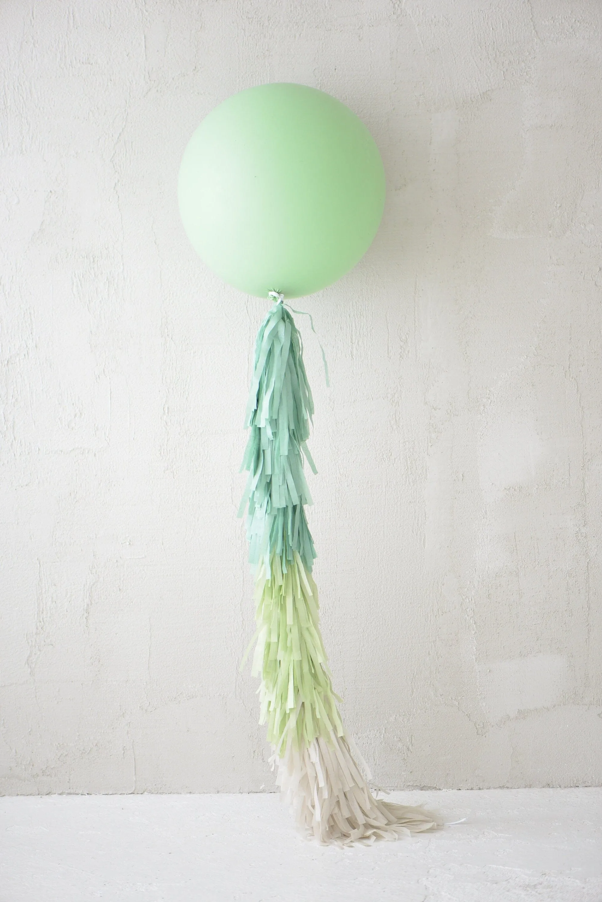 Sage green Giant balloon with green and cream paper fringe tail  baby shower, wedding, birthday party balloon decorations paper tassel tail