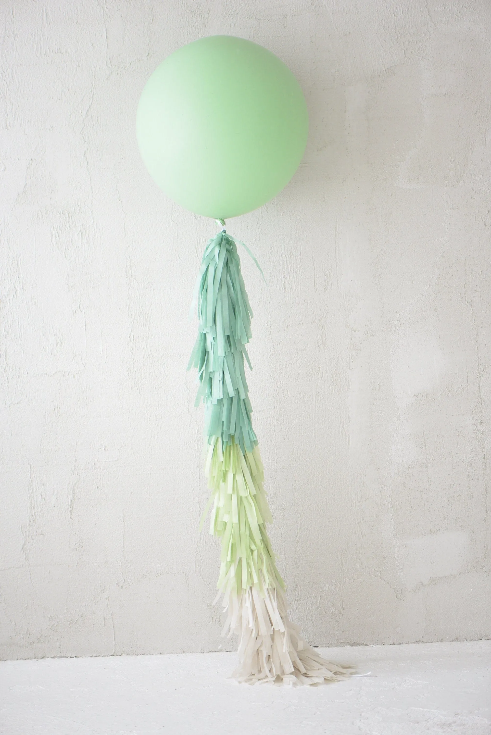 Sage green Giant balloon with green and cream paper fringe tail  baby shower, wedding, birthday party balloon decorations paper tassel tail