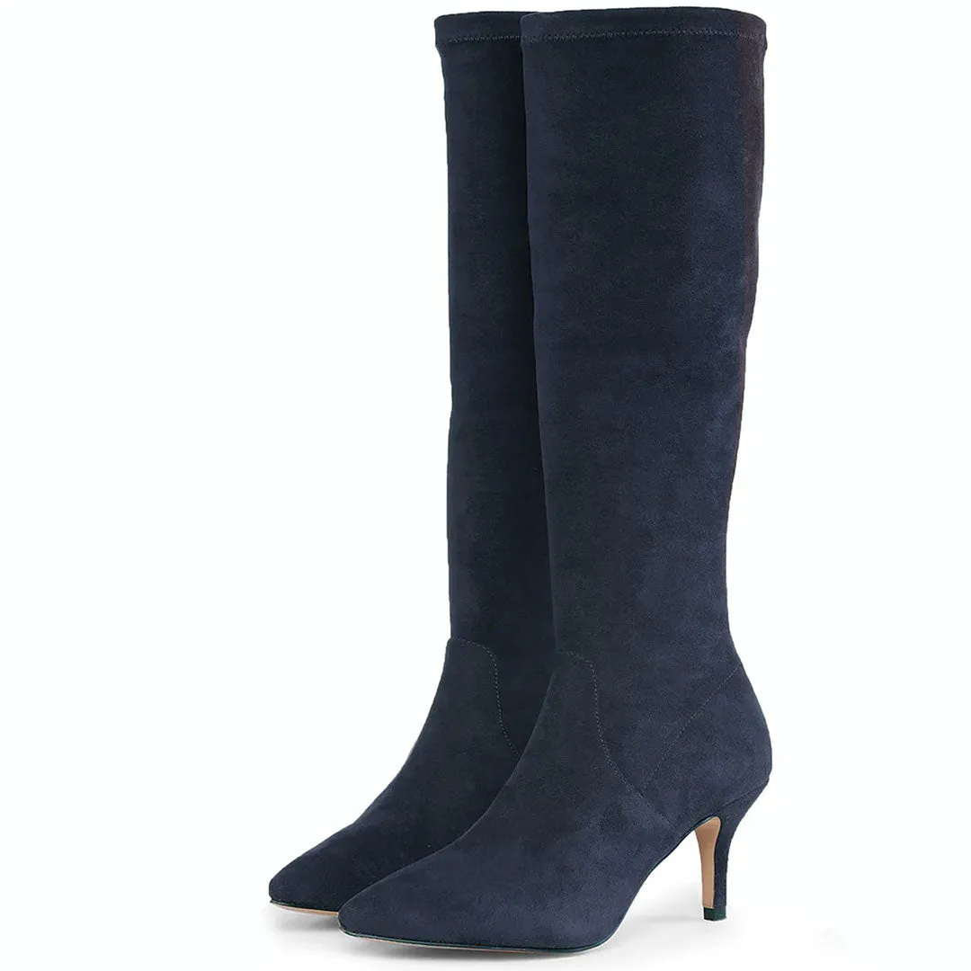 Saint Jemima Navy Stretch Suede Kitten Heel Long Boots