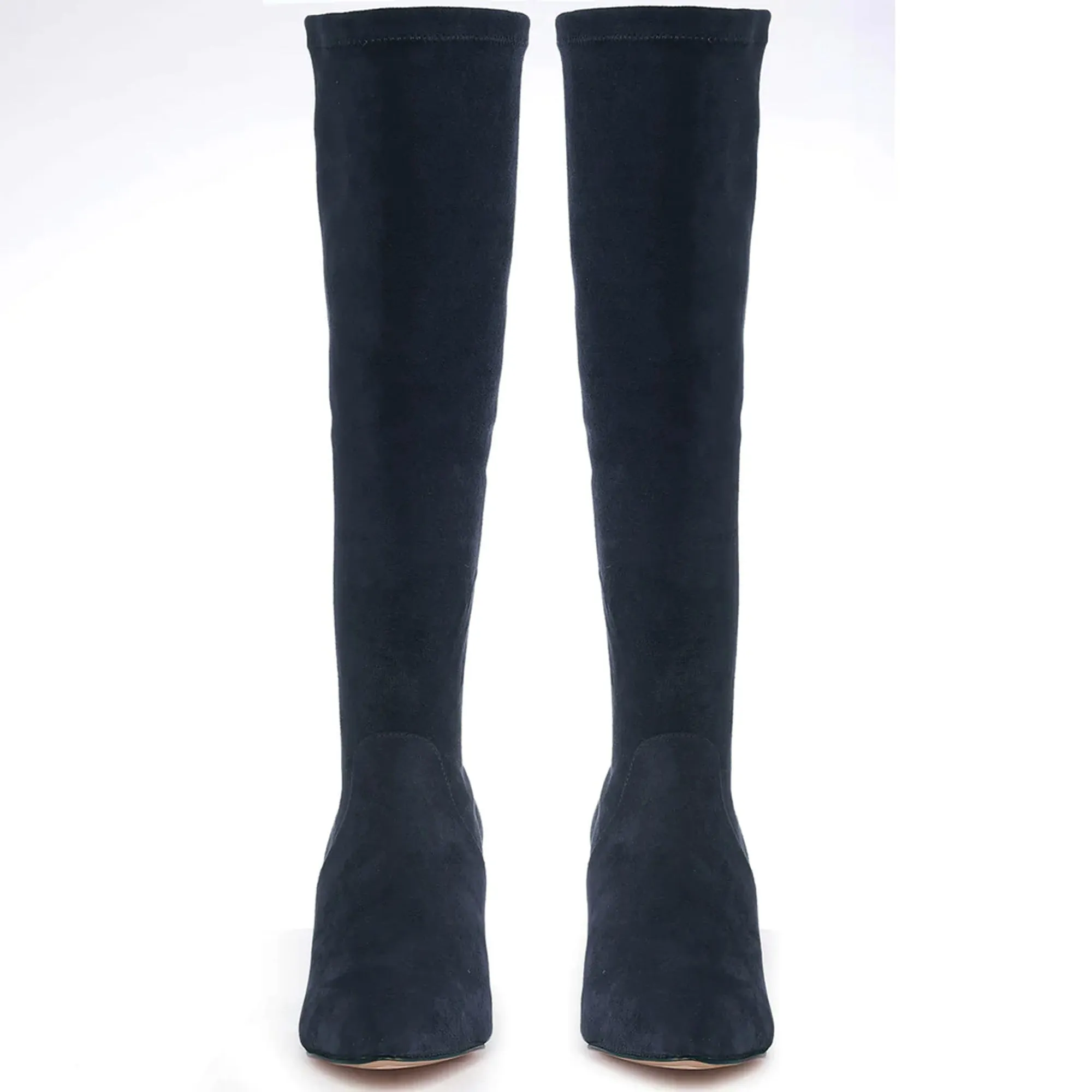 Saint Jemima Navy Stretch Suede Kitten Heel Long Boots