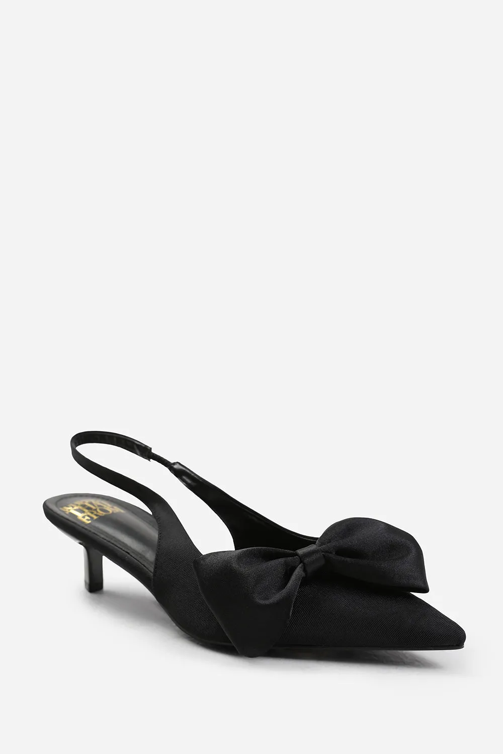 SANTORINI LOW KITTEN HEELS WITH POINTED TOE AND BOW DETAIL IN BLACK SATIN