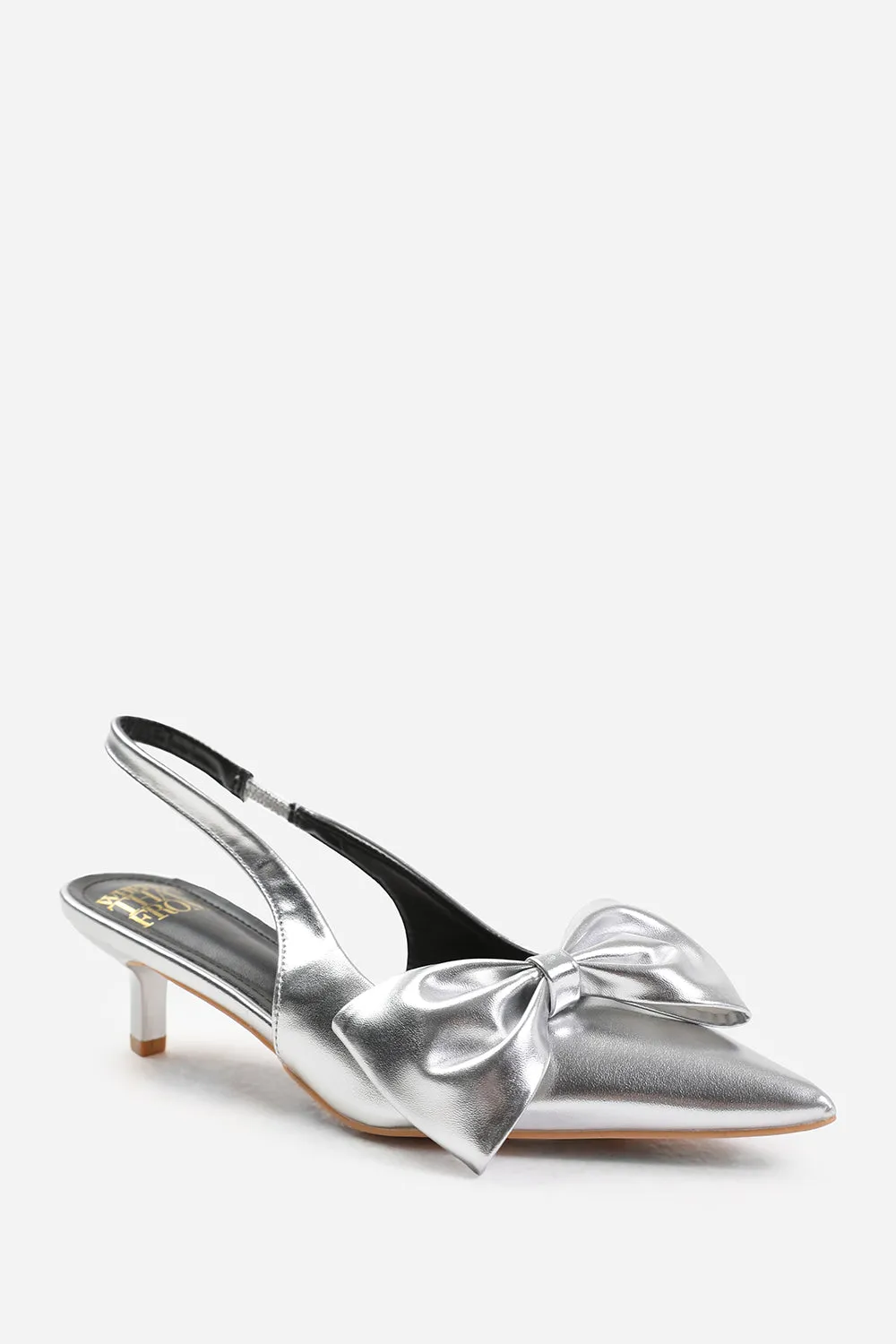 SANTORINI LOW KITTEN HEELS WITH POINTED TOE AND BOW DETAIL IN SILVER