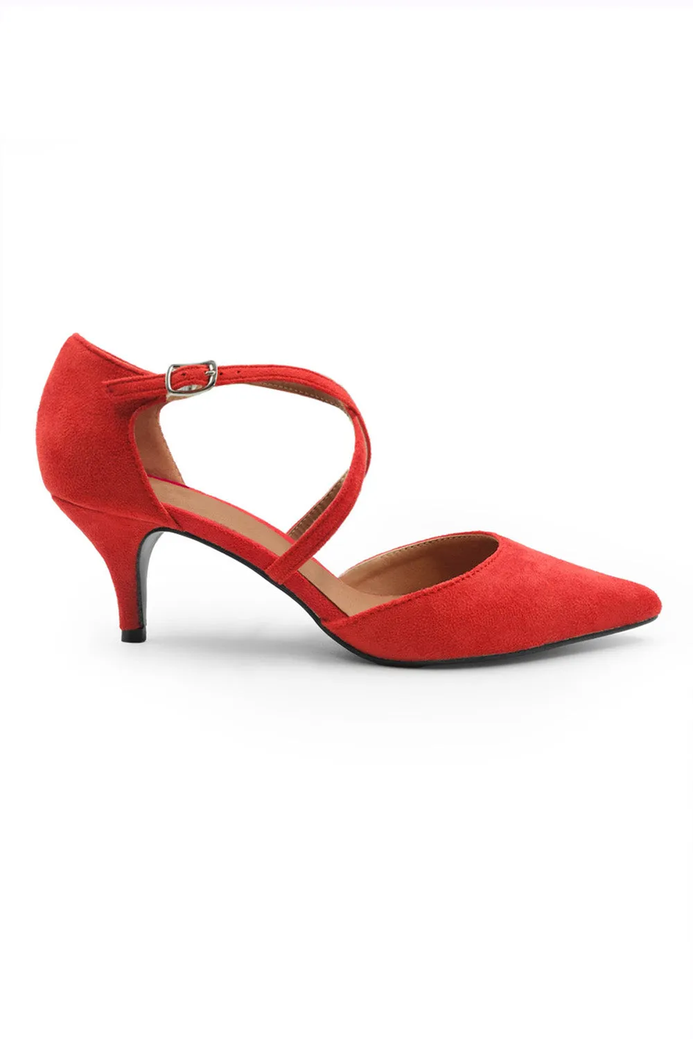 SEANEY LOW KITTEN HEEL WITH CROSSOVER STRAP IN RED SUEDE