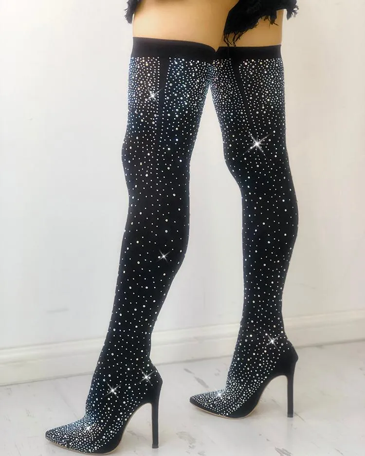 Shiny Sequins Knee High Thin Heel Boots