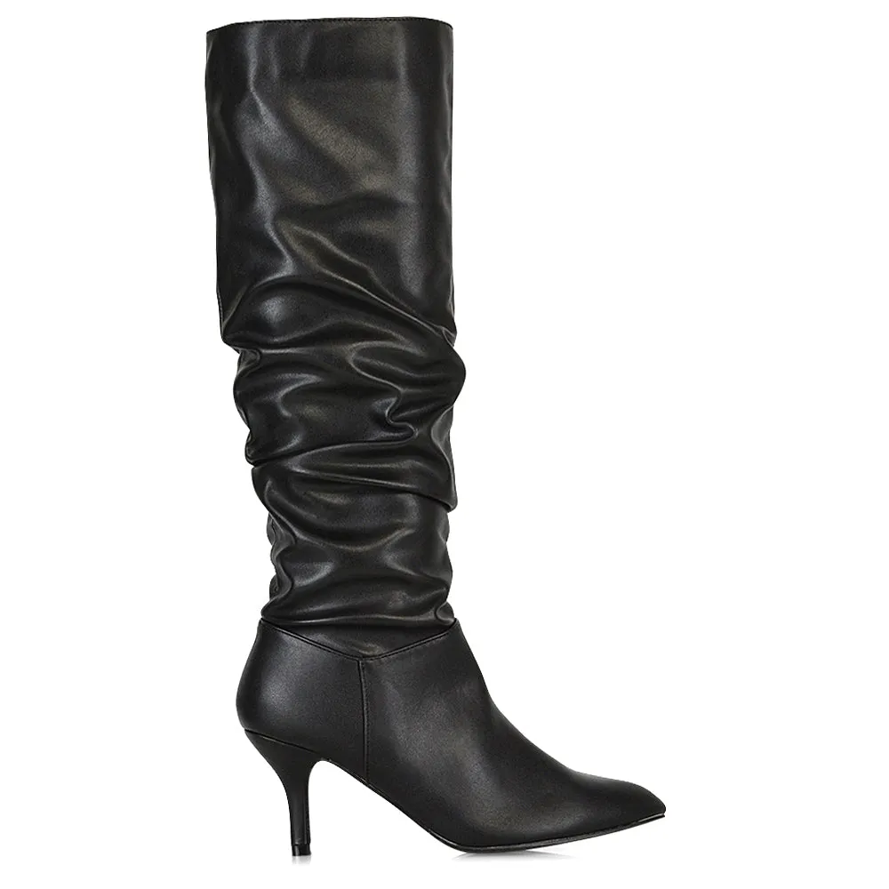 Sian Pointed Toe Knee High Ruched Stiletto High Heeled Boots in Black PU