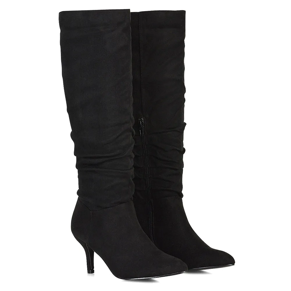 Sian Pointed Toe Knee High Ruched Stiletto High Heeled Boots in Black PU