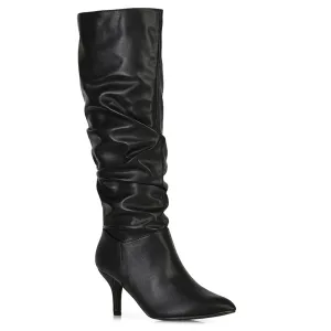 Sian Pointed Toe Knee High Ruched Stiletto High Heeled Boots in Black PU