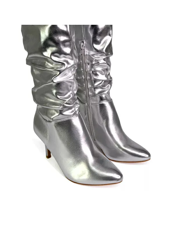 Sian Pointed Toe Knee High Ruched Stiletto High Heeled Boots in Silver