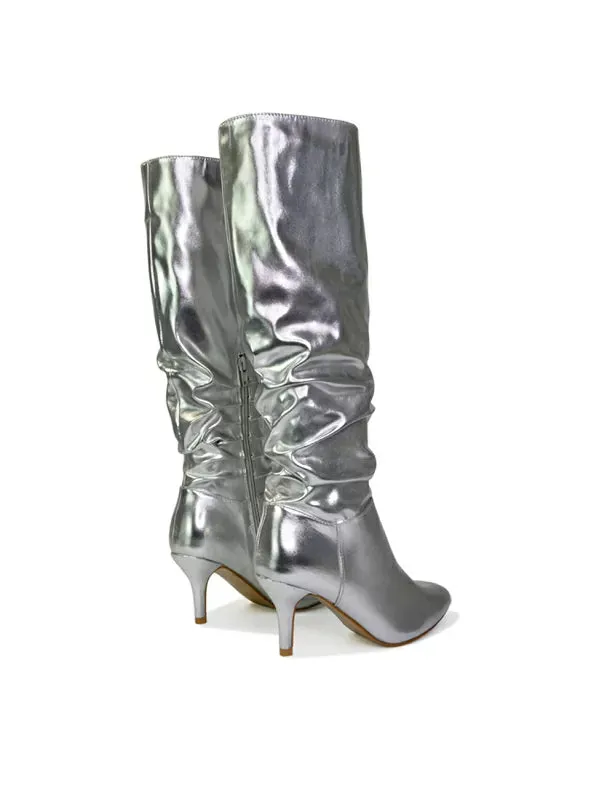 Sian Pointed Toe Knee High Ruched Stiletto High Heeled Boots in Silver