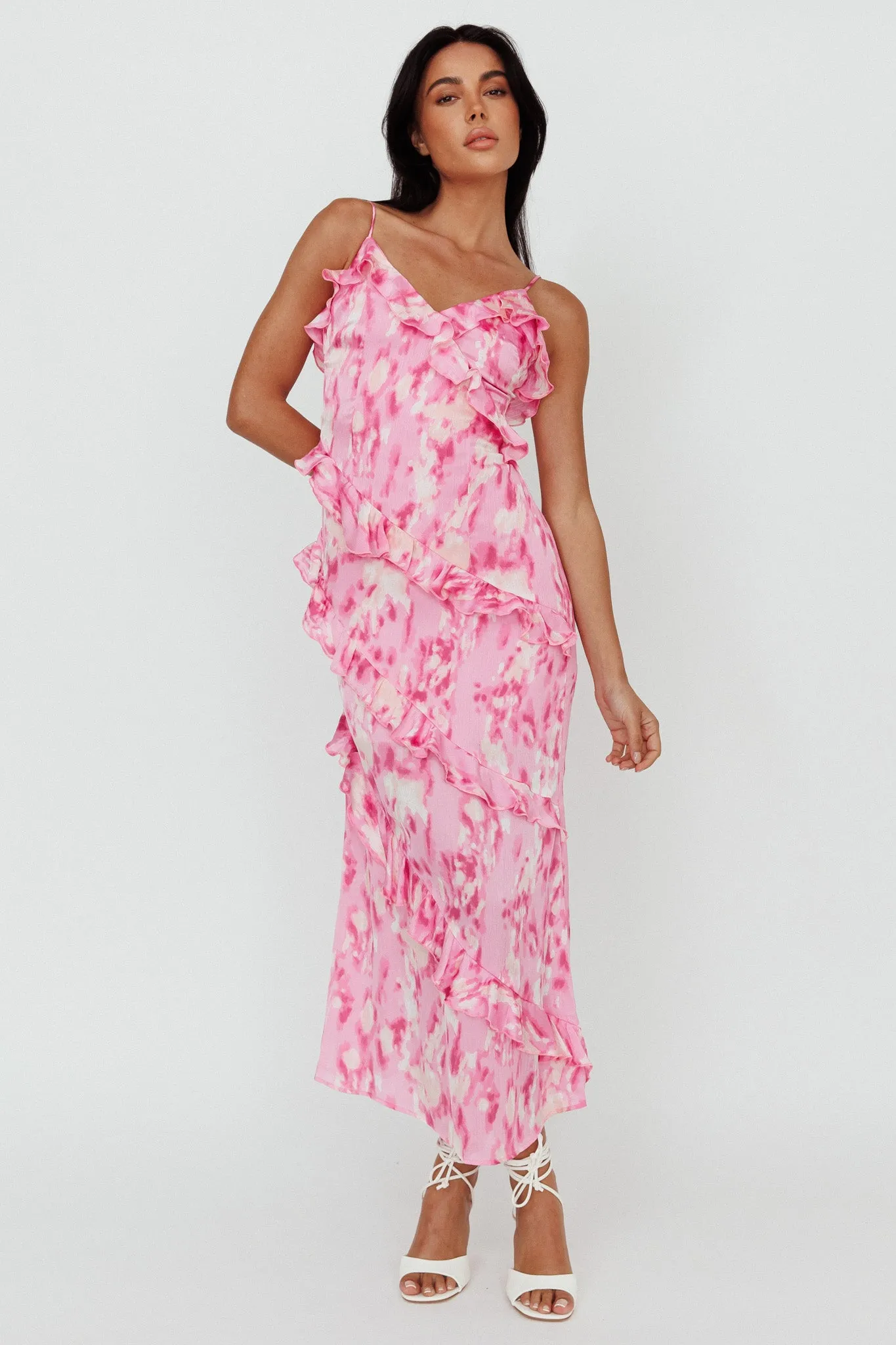 Silvana Frill Trim Midi Dress Print Pink