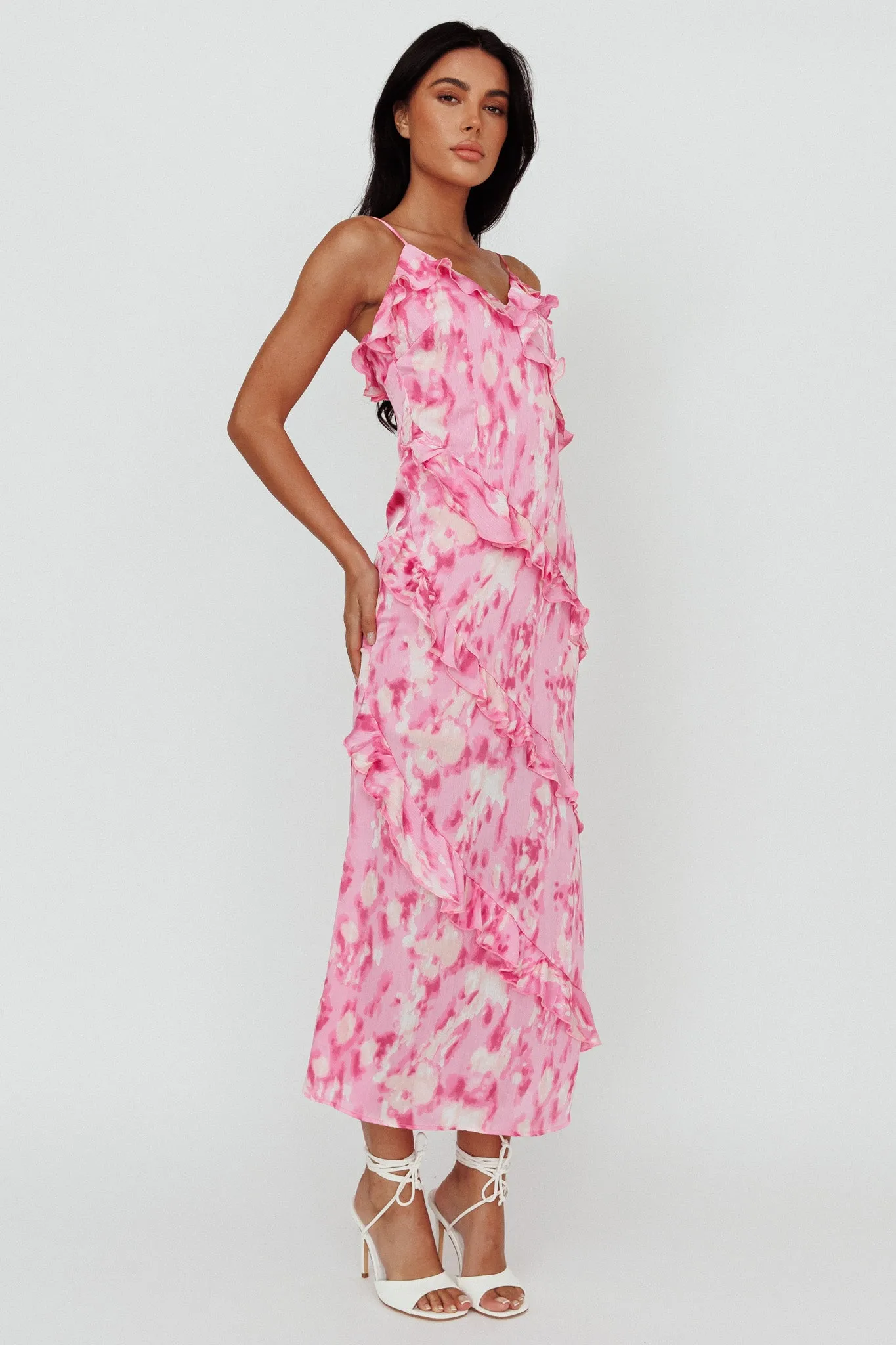 Silvana Frill Trim Midi Dress Print Pink