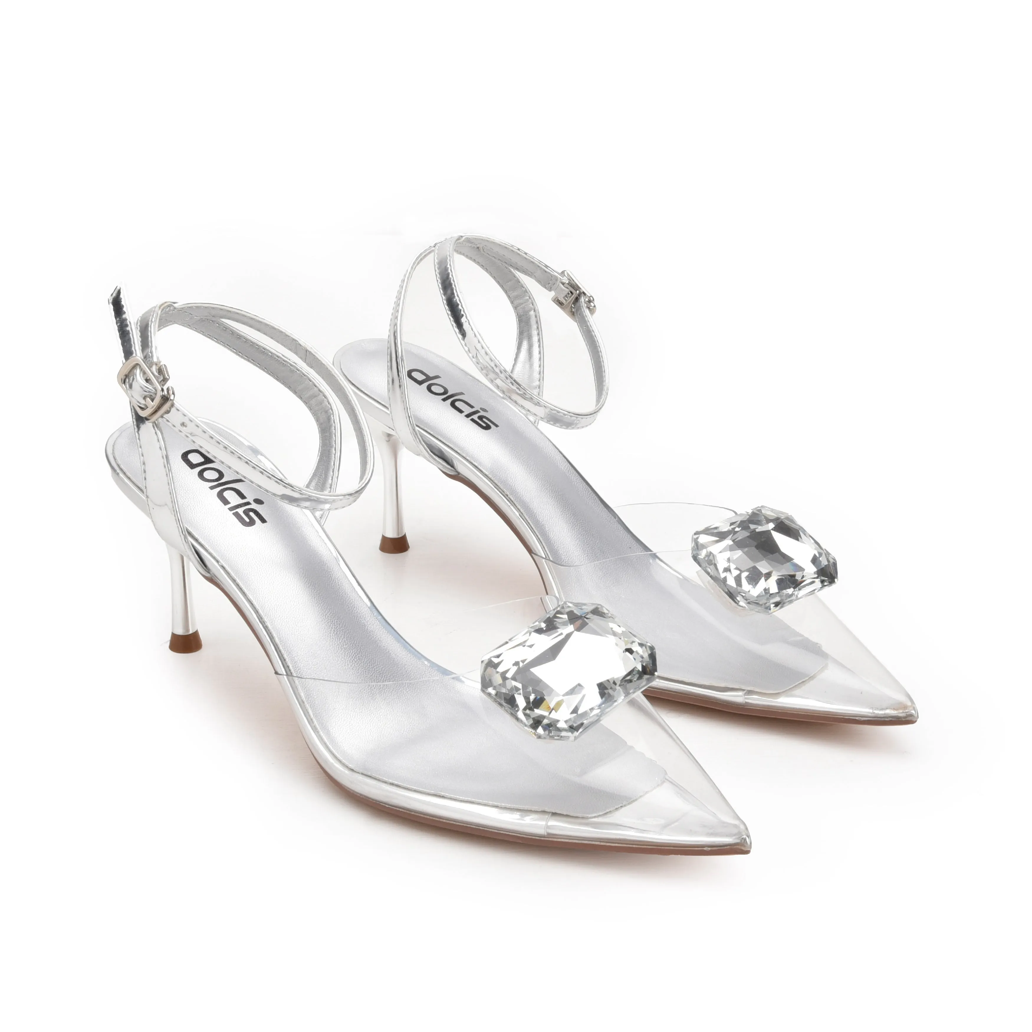 Sleek Silver Transparent Kitten Heel Sandals | 426N-S