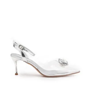 Sleek Silver Transparent Kitten Heel Sandals | 426N-S