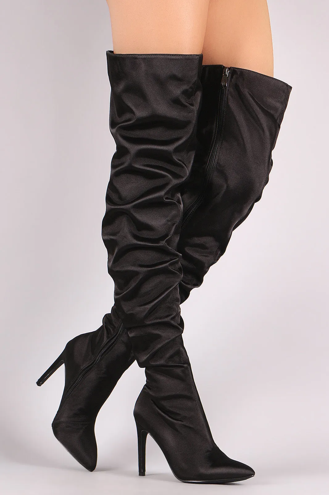 Slouchy Satin Pointy Toe Stiletto Over-The-Knee Boots