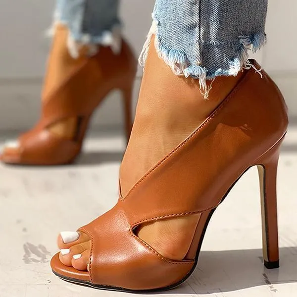 Solid Peep Toe Cut Out PU Thin Heels