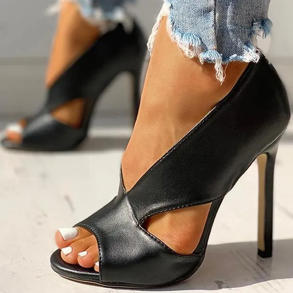 Solid Peep Toe Cut Out PU Thin Heels