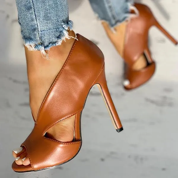 Solid Peep Toe Cut Out PU Thin Heels