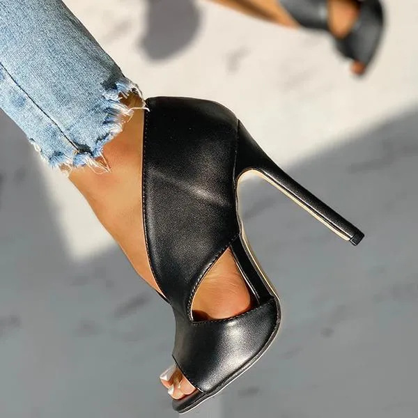 Solid Peep Toe Cut Out PU Thin Heels