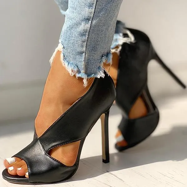 Solid Peep Toe Cut Out PU Thin Heels