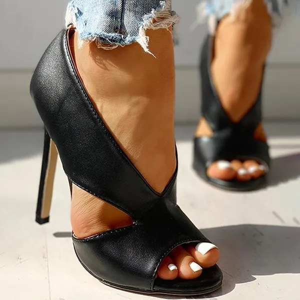 Solid Peep Toe Cut Out PU Thin Heels