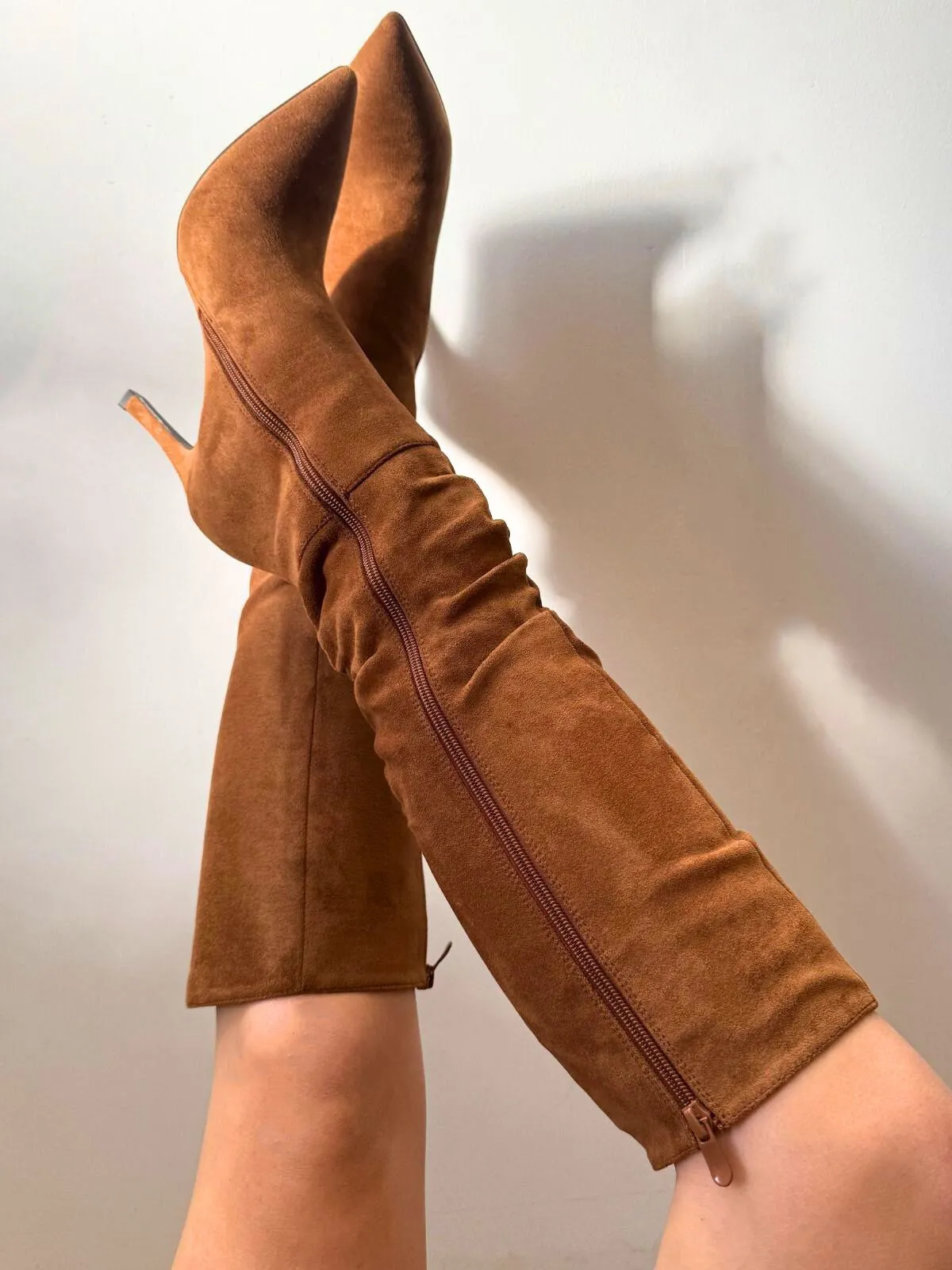 Stacey Knee High Suede Boots in Camel