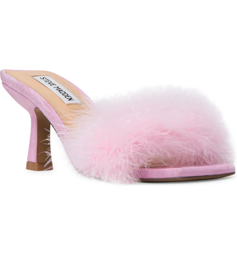 Steve Madden Karoo Suede Feather Mules Slides Sandals Heels - Pink