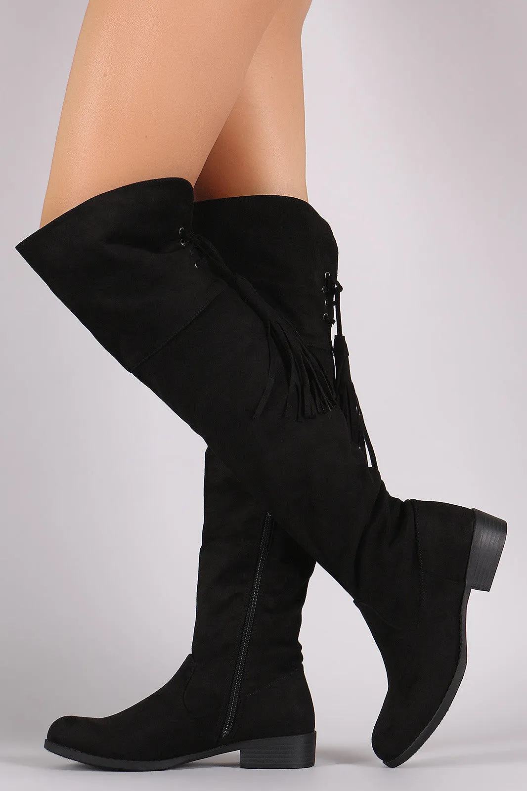 Suede Back Tassel Corset Lace Up Riding Boots