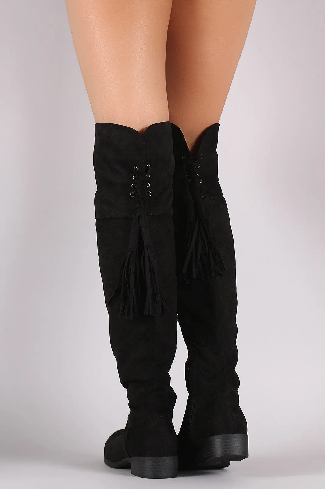 Suede Back Tassel Corset Lace Up Riding Boots