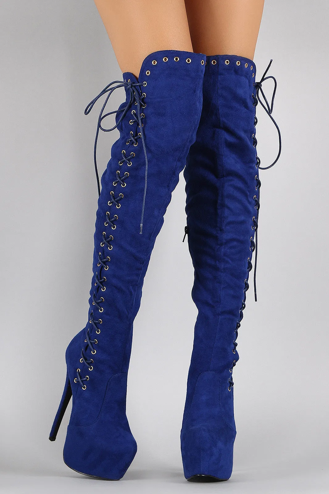 Suede Corset Lace Up Metal Eyelet Chunky Hidden Platform Stiletto Boots