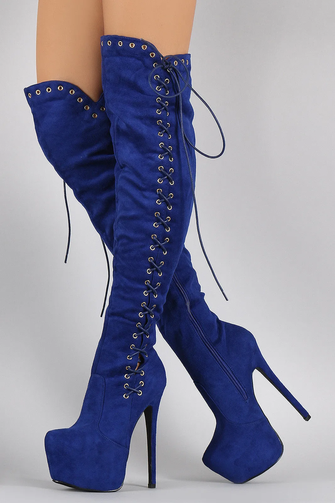 Suede Corset Lace Up Metal Eyelet Chunky Hidden Platform Stiletto Boots