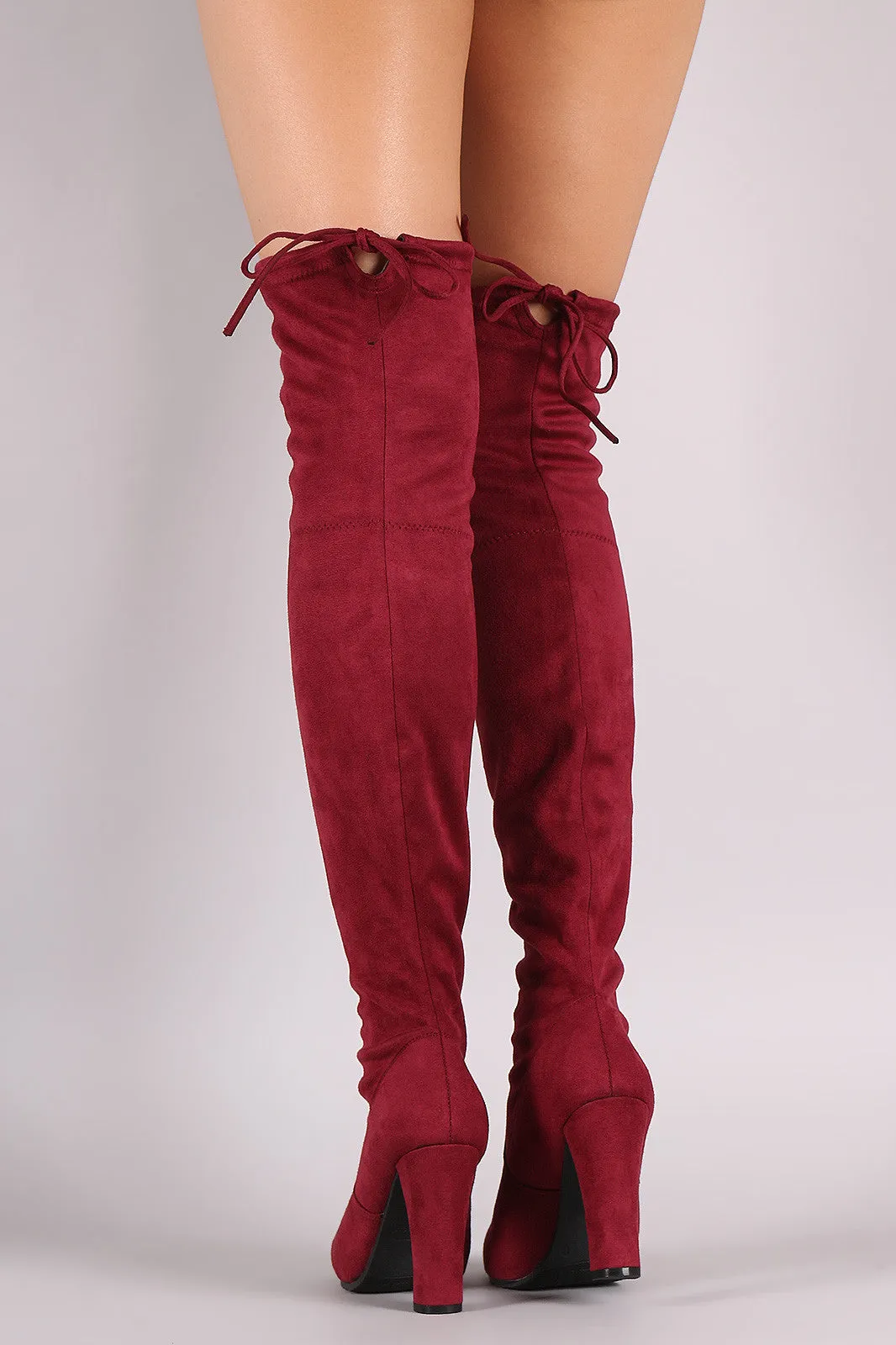 Suede Drawstring Tie Almond Toe Heeled Boots