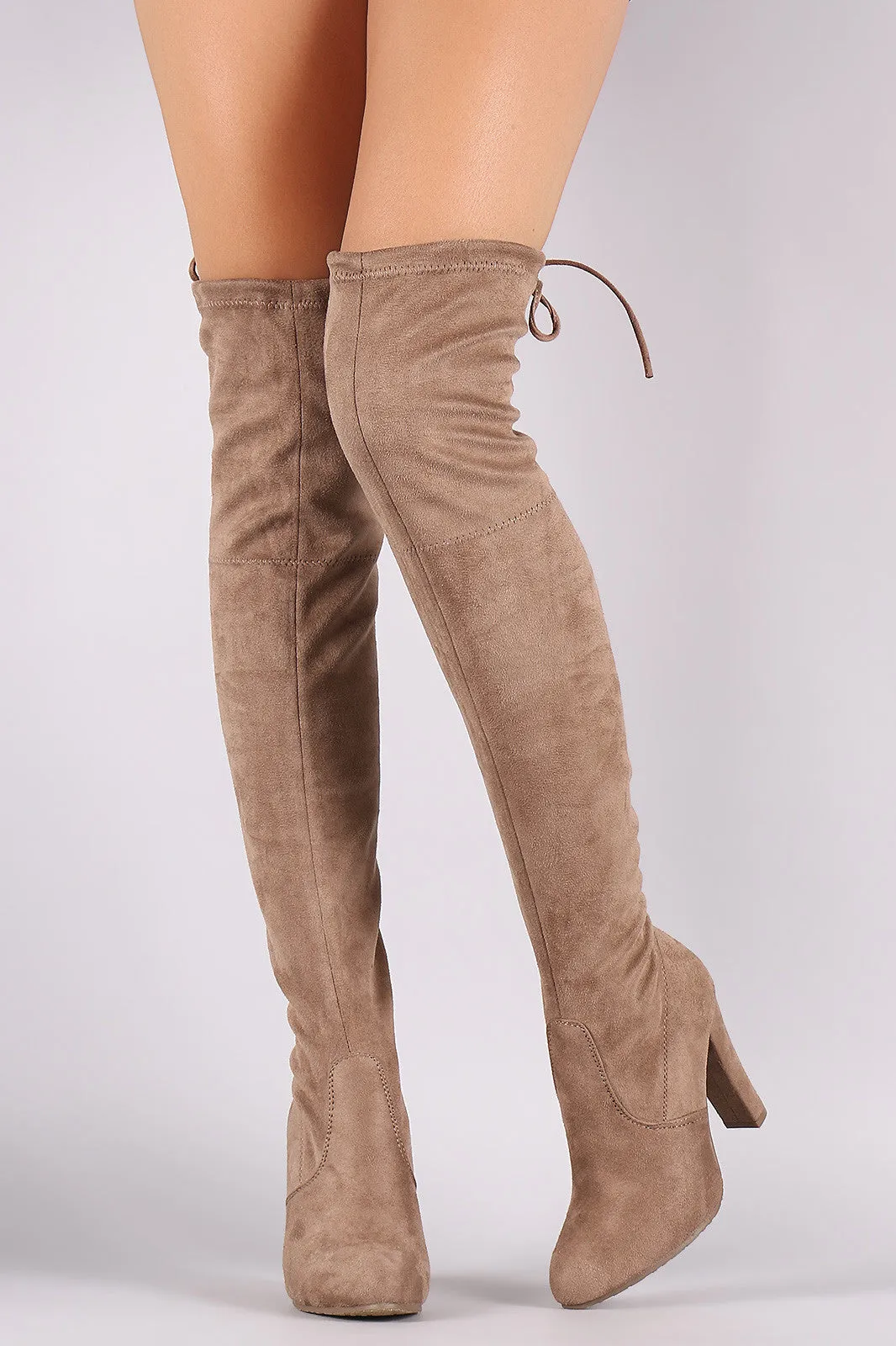 Suede Drawstring Tie Almond Toe Heeled Boots