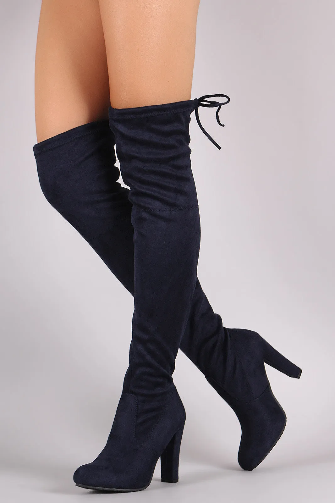 Suede Drawstring Tie Almond Toe Heeled Boots